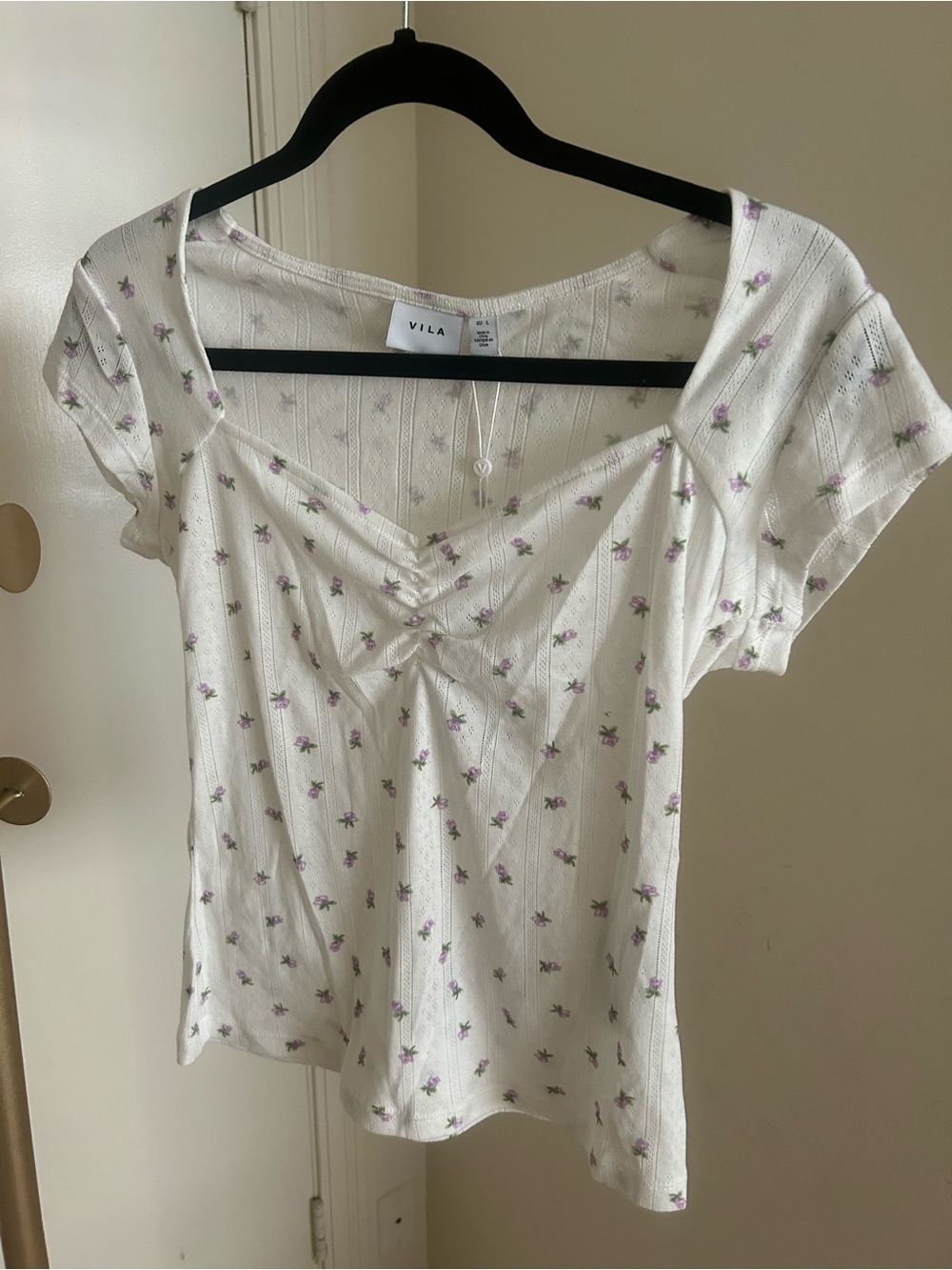 NWT Vila Floral Pointelle Knit Top Size Large Cottagecore Milkmaid Baby Tee - Picture 4 of 7